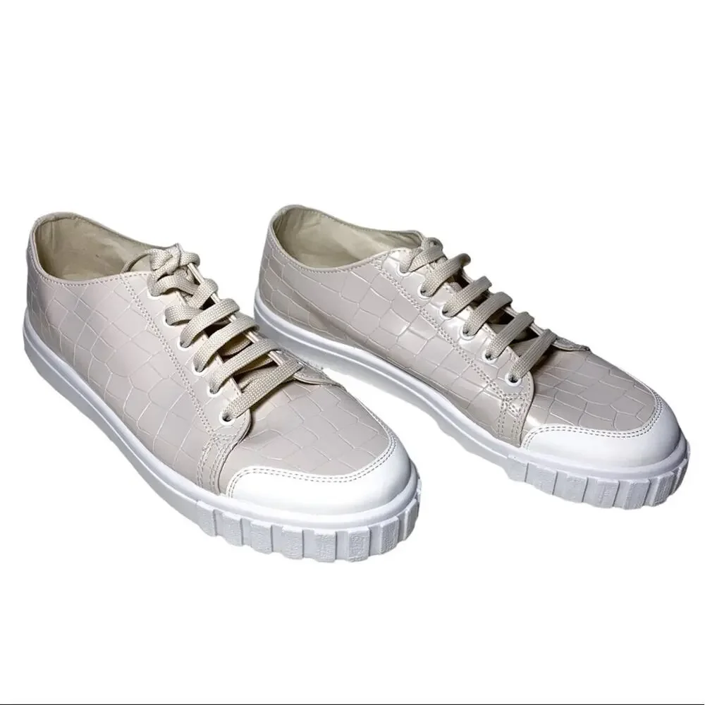 ASOS Design Italian Dismiss Lace Up Lug Trim Chunky Sneakers Glossy Beige Tan 7